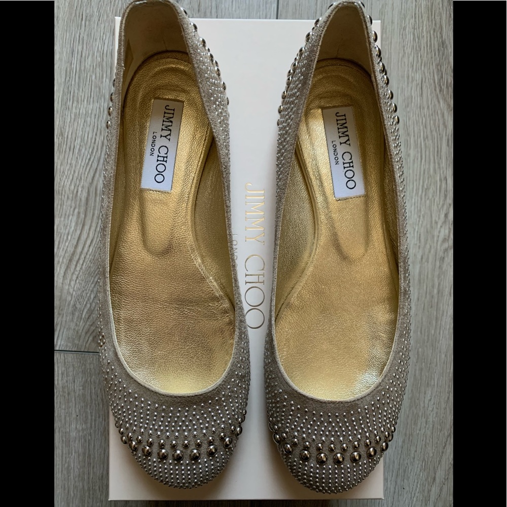 Jimmy Choo Beige Suede Welda Studded Ballet Flats